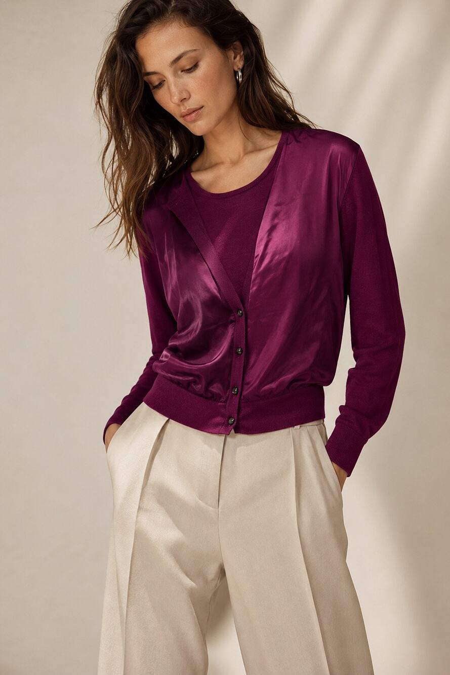 Magaschoni Silk Cashmere Mixed Media Cardigan Purple Satin Quiet Luxury Small